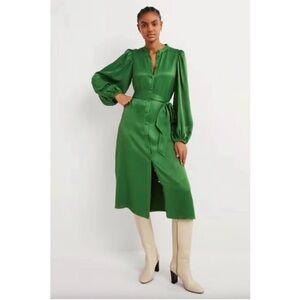 NWT Boden Emerald Satin Button-Front Midi Dress with Belt